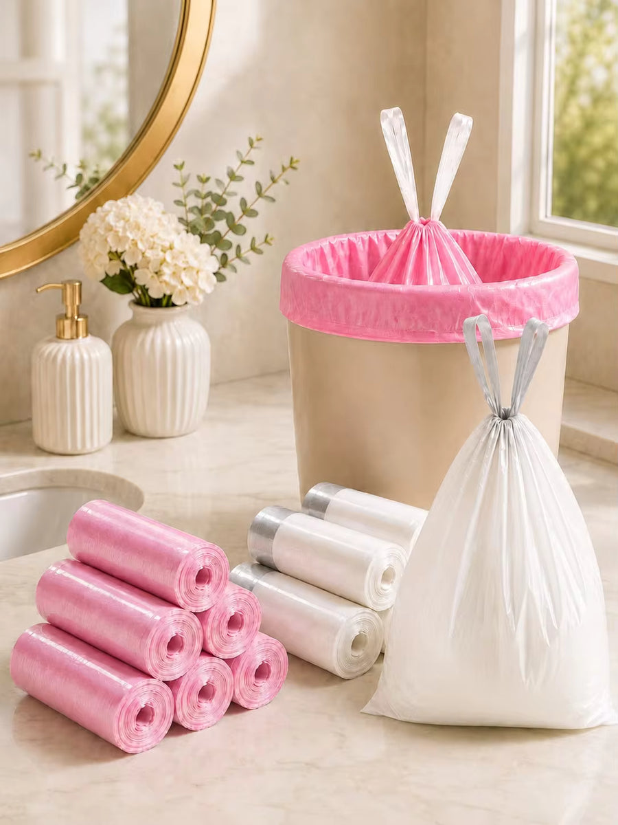 400Pcs Pink & White Drawstring Trash Bags – 4-5 Gallon Small Garbage Bags, Leak Proof Thick Durable Tear Resistant Kitchen Bathroom Home Bedroom Office Daily Use Trash Liners, Easy Tie Strong Household Waste Bags